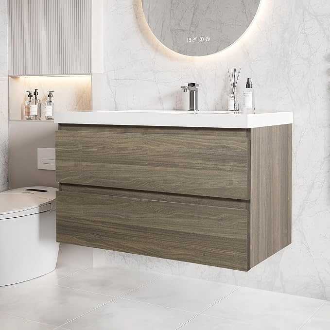 36 Inch Floating Bathroom Vanity with Sink, Large Storage Wall Mounted Floating Vanity with Soft Close Drawers, One-Piece Basin Bathroom Sink Cabinet (Ash Grey, 36 Inch)