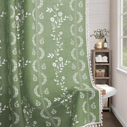 Boho Green Vintage Shower Curtain with Tassels 72 x 72 Inch | Bohemian Floral Linen Fabric Pattern Curtain Curtain For Bathroom