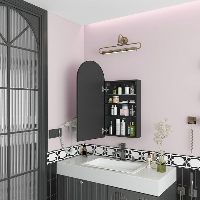 FKWin Bathroom Cabinet with Mirror, Surface Mount Arched Design, 16x30 Inch | Medicine Cabinet Mirror, Reversible Door, Space-Saving Storage, Elegant Arched Design, Black
