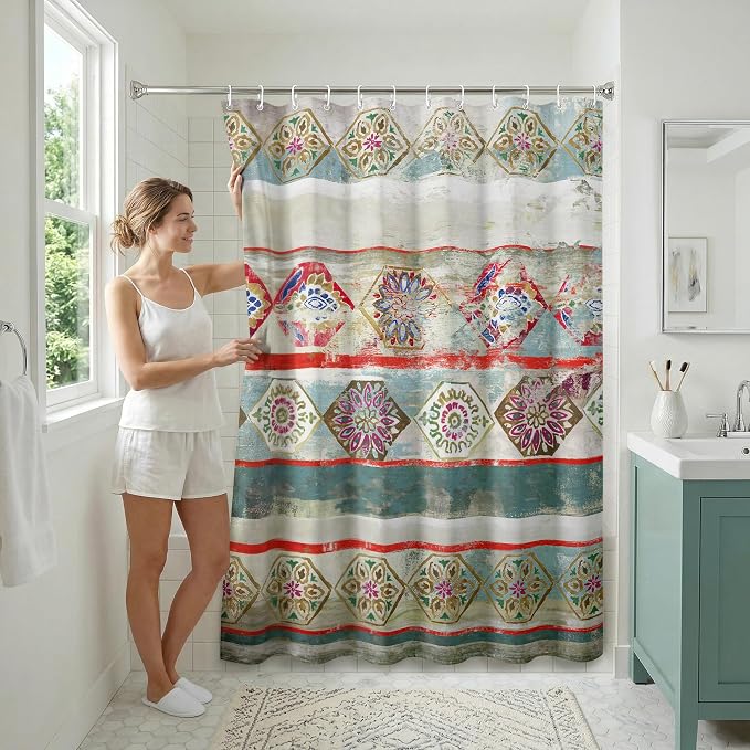 Americanflat 71x74 Boho Shower Curtain - Water-Resistant Long Shower Curtain with Durable Metal Grommets and 12 Hooks - 100% Polyester - Turquoise, Rust Red, Magenta and Olive Green
