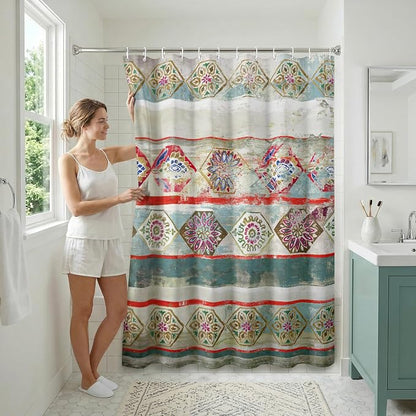 Americanflat 71x74 Boho Shower Curtain - Water-Resistant Long Shower Curtain with Durable Metal Grommets and 12 Hooks - 100% Polyester - Turquoise, Rust Red, Magenta and Olive Green