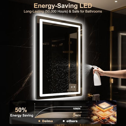 36x24 LED Bathroom Vanity Mirror with Lights, Anti-Fog, Dimmable | Front & Backlit with 3 Color Modes and Memory, 5mm Shatterproof Glass, Plug-in or Hardwired, Horizontal or Vertical