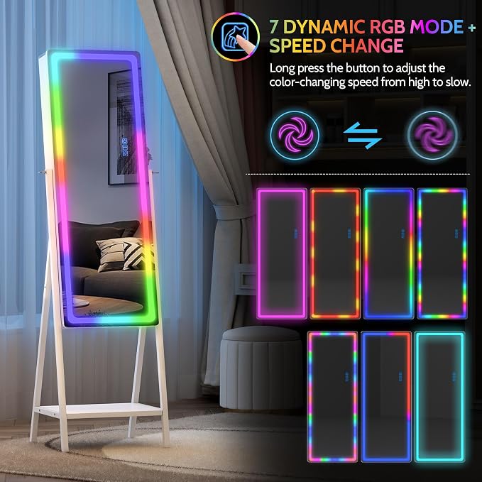 LVSOMT 14 RGB LED Mirror Jewelry Cabinet, Large Jewelry Armoire Standing | Lockable Full Length Mirror with Jewelry Storage, Space-Saving Jewelry Organizer Mirror, 14 RGB Lights, White