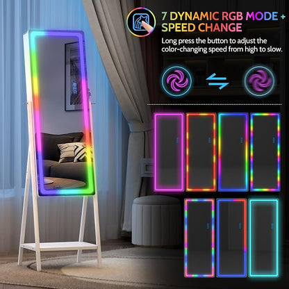 LVSOMT 14 RGB LED Mirror Jewelry Cabinet, Large Jewelry Armoire Standing | Lockable Full Length Mirror with Jewelry Storage, Space-Saving Jewelry Organizer Mirror, 14 RGB Lights, White