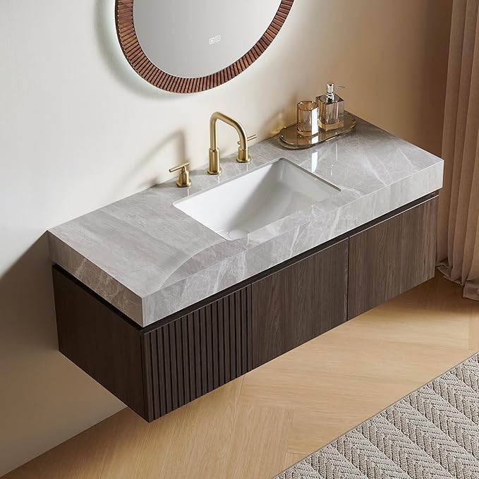 48” Floating Bathroom Vanity with Sink, Wall-Mounted Cabinet with Drawer & Doors, Gray Travertine-Pattern Sintered Stone Top, Undermount Basin, 3 Faucet Hole, Soft-Close, Pre-Assembled, Dark Oak
