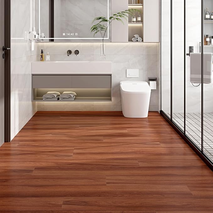 Hilarious Peel and Stick Vinyl Floor Tiles, Red Mahogany Wood 36 PCS 54 Sq.Ft Waterproof Stick On Flooring Self Adhesive Vinyl Flooring Stick on Tiles Vinyl Plank DIY for Bathroom Kitchen Living Room