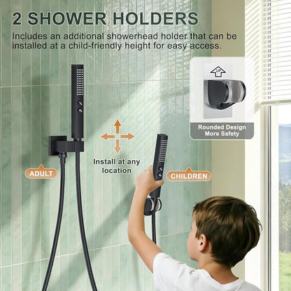 Rain Shower System with Rough-in Valve, Wall Mount Shower Faucet Set with 12" & 6" Dual Rain Shower Heads, 2-in-1 Handheld Shower, Tub Spout, 4-Function Complete Shower Fixture, Matte Black
