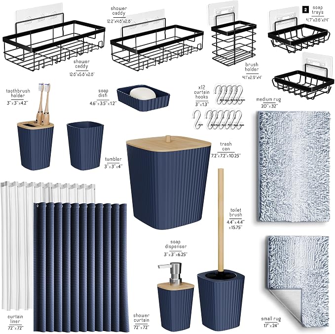 Clara Clark Bathroom Accessories Set - 27PC Bathroom Set with Adhesive Corner Shower Caddy Hanging, Bathroom Sets with Shower Curtain and Rugs, Ombre Navy Shower Curtain Set with Bathroom Trash Can | 27 Piece Ombre Navy Bathroom Sets with Shower Curtai...