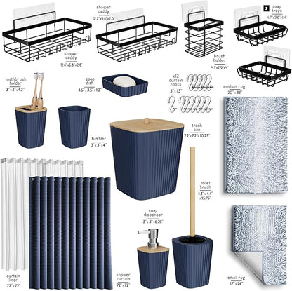 Clara Clark Bathroom Accessories Set - 27PC Bathroom Set with Adhesive Corner Shower Caddy Hanging, Bathroom Sets with Shower Curtain and Rugs, Ombre Navy Shower Curtain Set with Bathroom Trash Can | 27 Piece Ombre Navy Bathroom Sets with Shower Curtai...