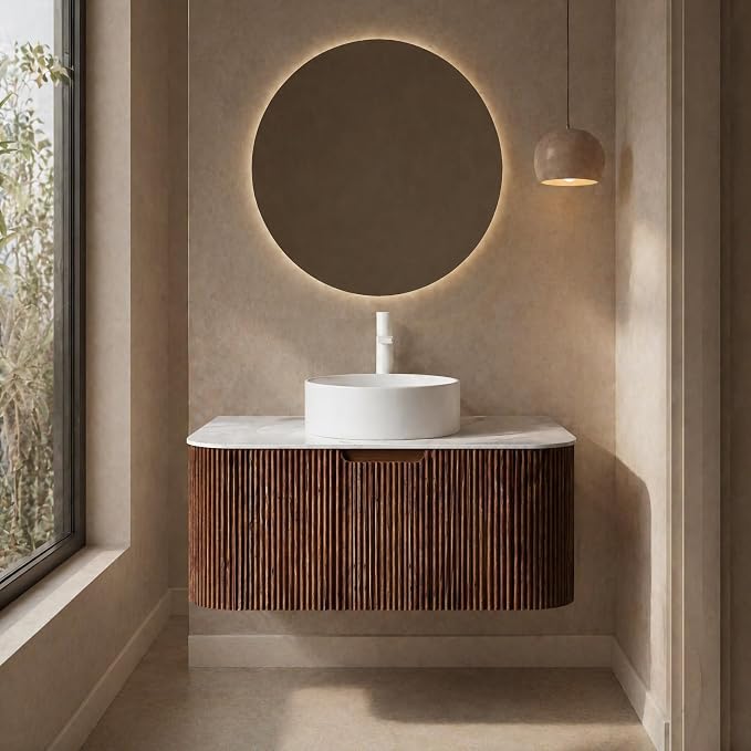 36 Inch Bathroom Vanity with Sink, Floating Wall Mounted Single Sink Vanity, Dark Walnut Curved Fluted Front, Stone Top, Pure White Round Vessel Basin, Pre-Assembled