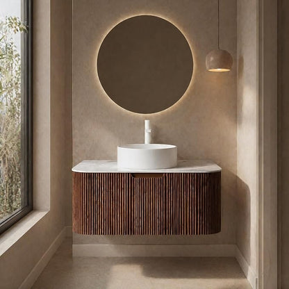 36 Inch Bathroom Vanity with Sink, Floating Wall Mounted Single Sink Vanity, Dark Walnut Curved Fluted Front, Stone Top, Pure White Round Vessel Basin, Pre-Assembled