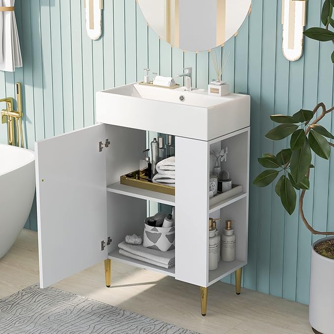 21.6 in Small Bathroom Vanity with Sink,Doors and Storage Shelves,Wood Modern Single Fluted Bathroom Sink Cabinet Freestanding (White,Right Shelf)