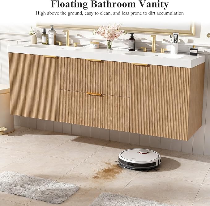 60" Bathroom Vanity with Sink Combo, Floating Double Sink Bathroom Vanity with SMC Resin Top, MDF Cabinet with Solid Wood Frame, Wall-Mounted Bath Room Vanities for Large Bathrooms, Wood
