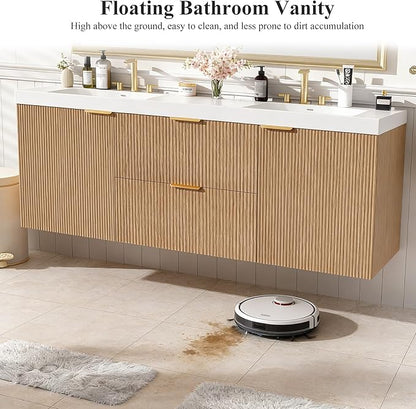 60" Bathroom Vanity with Sink Combo, Floating Double Sink Bathroom Vanity with SMC Resin Top, MDF Cabinet with Solid Wood Frame, Wall-Mounted Bath Room Vanities for Large Bathrooms, Wood