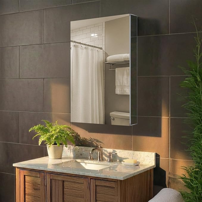 Bathroom Medicine Cabinet, Aluminum, Recessed/Surface Mount, 20" x 30", Right/Left Hinged, Mirrored Interior