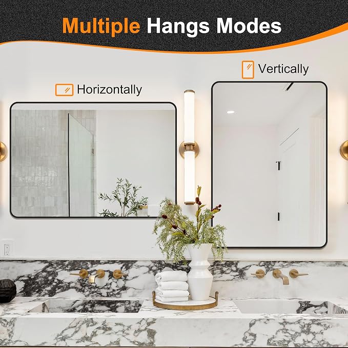 Bathroom Vanity Mirror, Black Framed Mirror for Over Sink, 36x24 | HD glass, distortion-free for makeup and grooming, Sturdy frame, all mounting hardware, hangs horizontal or vertical