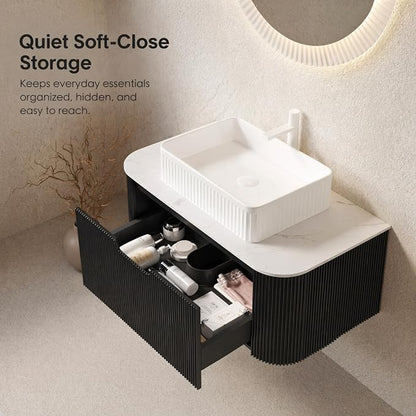36 Inch Bathroom Vanity with Sink, Floating Wall Mounted Single Sink Vanity, Black Curved Fluted Front, Stone Top, White Textured Rectangular Vessel Basin, Pre-Assembled
