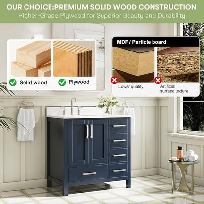 36-Inch Bathroom Vanity with Sink, 2 Soft-Close Doors and 5 Soft-Close Drawers, Bathroom Freestanding Vanity with Cultured Marble Countertop, Navy Blue Vanity with Brushed Nickel Handles