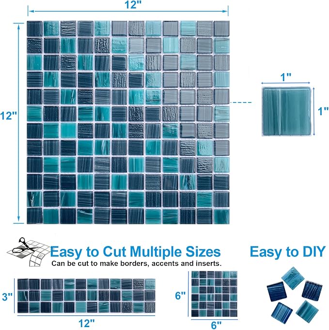 LSDECO 5 Sheets Glass Mosaic Tiles Backsplash, Pool Tiles, 12" x 12" Kitchen Backsplash Tile, Glass Tiles for Bathroom Border Shower Wall (5 Sq.Ft Topazstone)