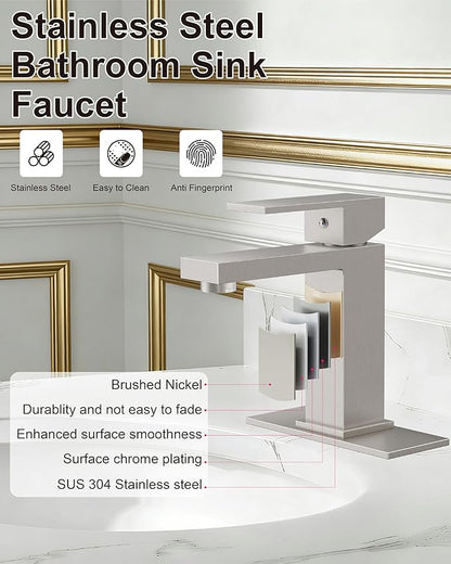 Midanya Bathroom Faucets 1 Hole, Single Handle Stainless Steel Bathroom Sink Faucet, Modern Vanity Faucets with Deck Plate,Water Supply Hoses and Pop Up Drain,Brushed Nickel