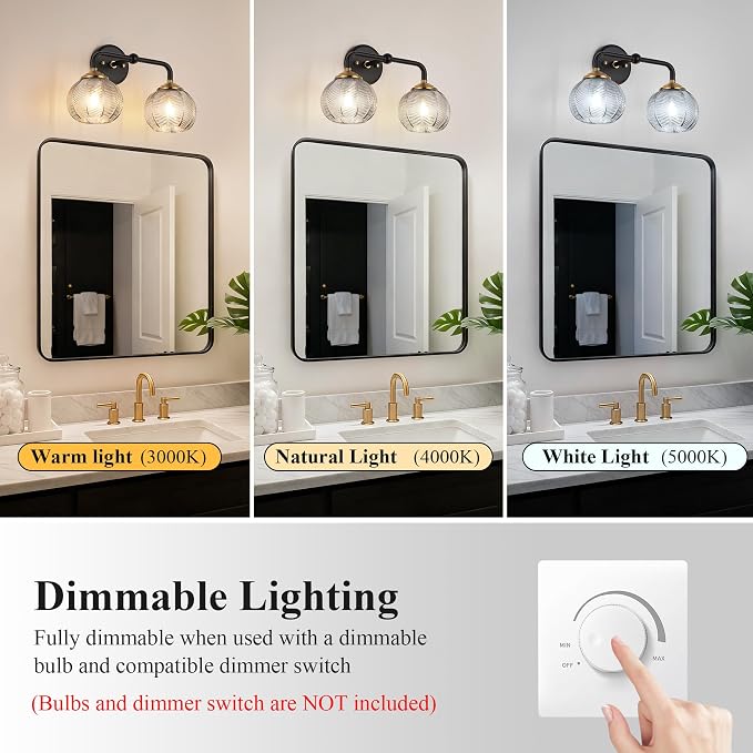Mecgirn Bathroom Vanity Light Fixtures, 2-Light Smoky Gray Glass Shade, Modern Black and Gold Wall Sconce, Unique Textured Leaf Pattern, Ceramic E26 Sockets Wall Mounted for Mirror, Cabinet, Hallway