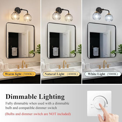 Mecgirn Bathroom Vanity Light Fixtures, 2-Light Smoky Gray Glass Shade, Modern Black and Gold Wall Sconce, Unique Textured Leaf Pattern, Ceramic E26 Sockets Wall Mounted for Mirror, Cabinet, Hallway