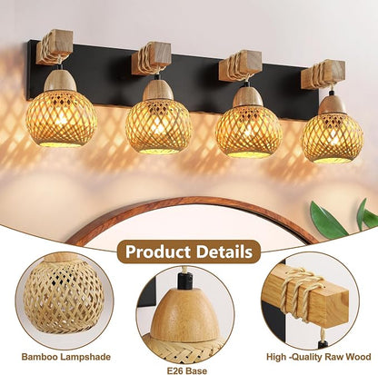 LmnLvn 4-Light Bathroom Vanity Light, Boho Farmhouse Handmade Bamboo Shade | Wood & Black Metal Frame, Rustic Vanity Lighting, Mounted Over Mirror, Easy To Install for Restroom, Bedroom & Hallway