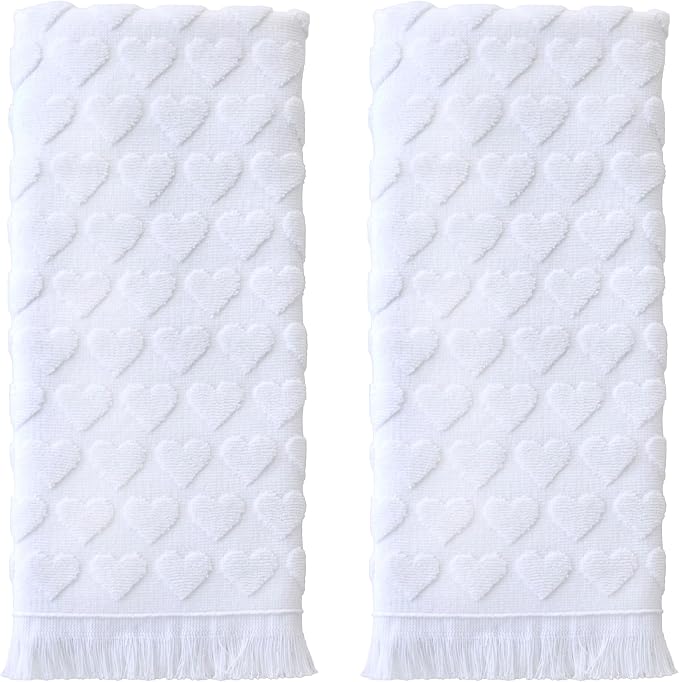 SKL Home Heart Jacquard Hand Towel Set-2pc, 100% Turkish Cotton, White | Soft & textured with fringed hem. For use in the bathroom, kitchen or bar. Great for Valentine's Day & year-round décor.