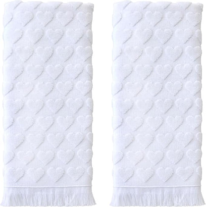 SKL Home Heart Jacquard Hand Towel Set-2pc, 100% Turkish Cotton, White | Soft & textured with fringed hem. For use in the bathroom, kitchen or bar. Great for Valentine's Day & year-round décor.