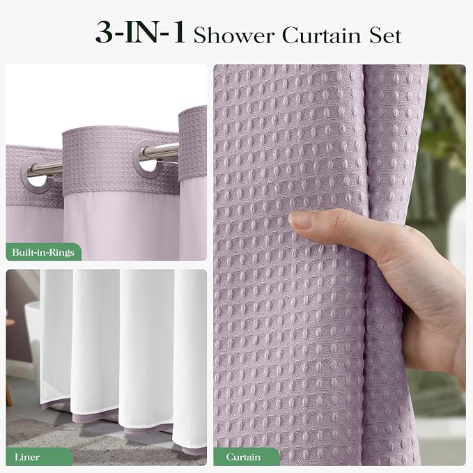 Lavender Hook Free Waffle Shower Curtain & Snap Fabric Liner,72x81 | Less Time to install, 3 in 1 Fabric Shower Curtain and Liner Set with Magnets, Long, Shower Curtains for Bathroom