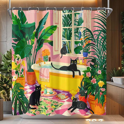 Accnicc Boho Cat Shower Curtain Cute Funny Black Cats Matisse Shower Curtains for Bathroom Green Tropical Plants Flowers Pink Yellow Decorative Waterproof Fabric Bath Curtain Decor 72 X 72 Inches