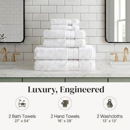 Modern Threads - Spun Loft 6-Piece 100% Combed Cotton Towel Set - Bath Towels, Hand Towels, & Washcloths - Super Absorbent & Quick Dry - 600 GSM - Soft & Plush, White