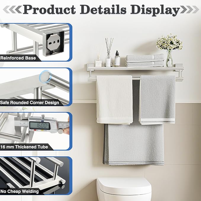 Alise Double Towel Rack for Bathroom Wall Mounted 28 Inch,Brushed Nickel | Bathroom Tower Holder Towel Shelf with Double Towel Bars,SUS304 Stainless Steel Towel Rack with Shelf