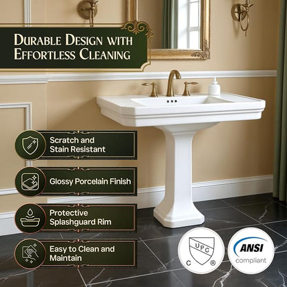 Renovators Supply Manufacturing Victorian 32" W x 34.5" H x 22" Proj. Large White Bathroom Pedestal Sink, Vitreous China, with Overflow, Compatible with 8 in. Widespread Faucets