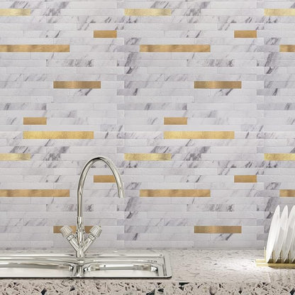 Art3d Faux Stone Peel & Stick Backsplash Tile, 10pcs, White with Metal Gold | PVC, Multi-Style Decor Sheets, Waterproof, Traceless Peel, No Wall Damage, Ideal for Kitchen