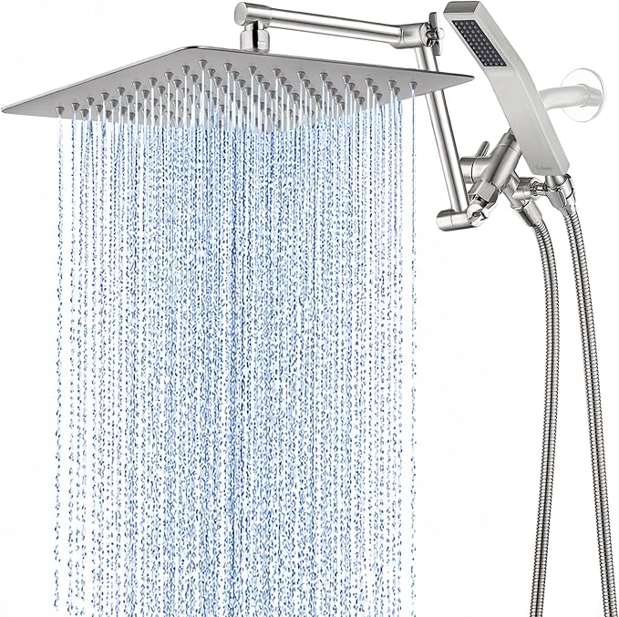 G-Promise All Metal 12 Inches Rainfall Shower Head with Handheld Combo | All Metal, Built to Last, Easy Install, Adjustable Height & Angle for All Heights, Extra Long Hose, Modern Upgrade
