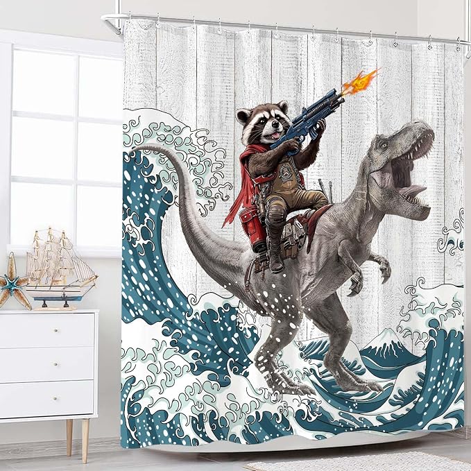 Funny Raccoon Dinosaur Shower Curtain 84 Inch Extra Long Fun Cool Animal Japanese Ocean Wave Shower Curtains for Bathroom Kids Unique Waterproof Fabric Rustic Wooden Farmhouse Bath Curtain Decor