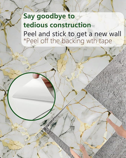 10 Sheets Marble Peel and Stick Backsplash Tile, 12"x12" Waterproof PVC Self Adhesive Tile Shower Wall Panels for Bathroom, Kitchen, Living Room (Gold White)