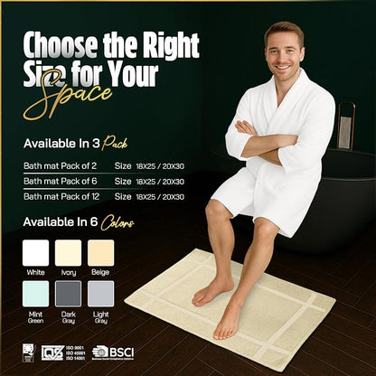 Pearl Linens Pack of 6 100% Cotton Bath Mat 20x30 inches, Soft & Absorbent Quick Dry Bathroom Mat Set, Not Bathroom Rugs, After Shower Mat, Bath Tub Mat, 687 GSM, Machine Washable, Beige