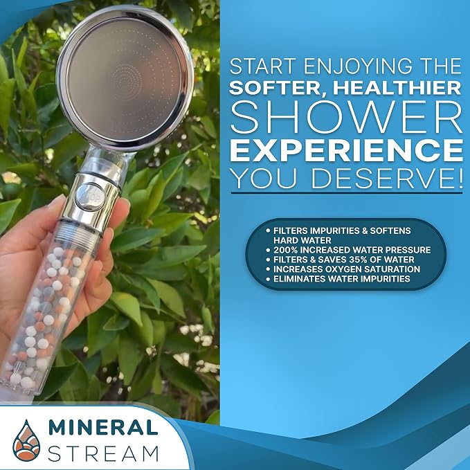 MineralStream Ionic Shower Head 2.0 + Hose | Ecowater Spa Showerheads for Dry Hair & Skin | 3 Settings High Pressure Water Saving Showerhead with Filter Beads