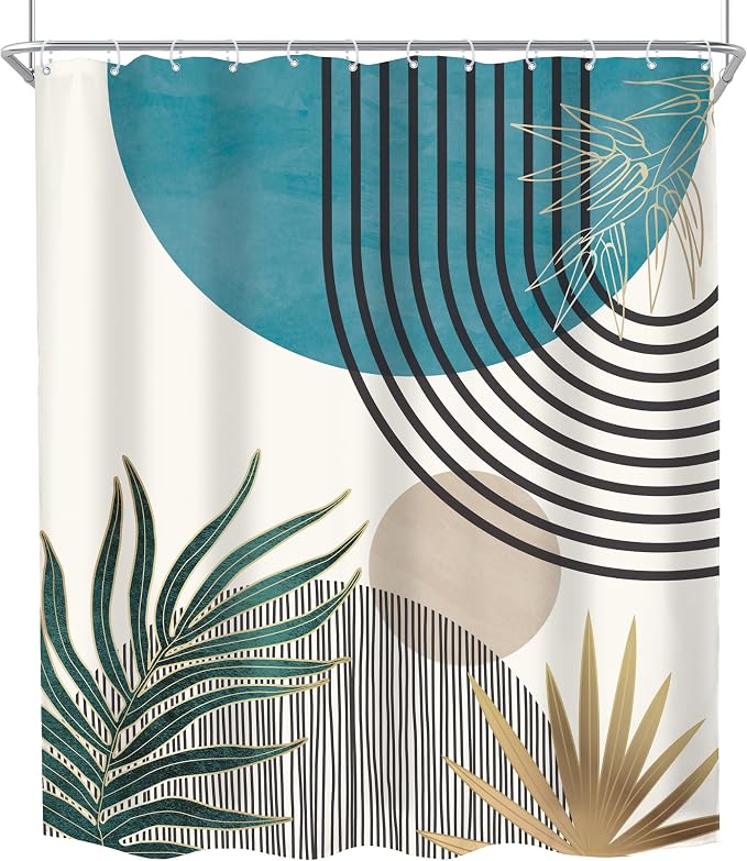 Mid Century Boho Abstract Blue Modern Gray Bathroom Shower Curtain Set | 60Wx72L Sun Arch design, waterproof HD print with fast-drying fabric and 12 hooks.