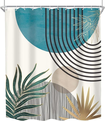 Mid Century Boho Abstract Blue Modern Gray Bathroom Shower Curtain Set | 60Wx72L Sun Arch design, waterproof HD print with fast-drying fabric and 12 hooks.
