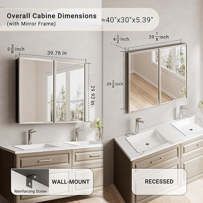 Pre-Assembled Surface or Recessed Medicine Cabinet Mirror-40x30 Brushed Nickel Bathroom Medicine Cabinet with Mirror & Rustproof Aluminum Frame, Beveled Bathroom Vanity Mirror with Storage