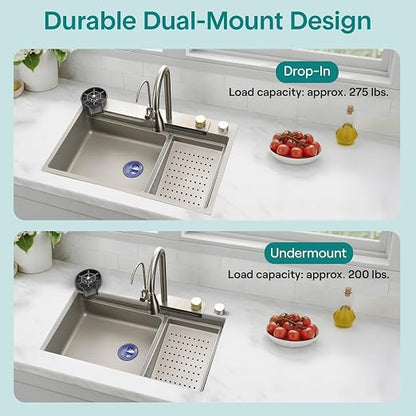 SereneLife Stainless Steel Kitchen Sink | Undermount & Drop-In Installation |13 Gauge & 30"L x 18"W x 9"H IN | Includes Faucet, Drain Rack, Strainer Basket, Cutting Board & Cup Washer | Gray