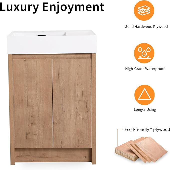 24'' Freestanding Bathroom Vanity, 24 Inch Floor Stand Bathroom Vanity with Sink, Single Resin Sink Cabinet Set, Modern Storage Cabinet, with Soft Closing Door, B03624IMO-+24120LMO