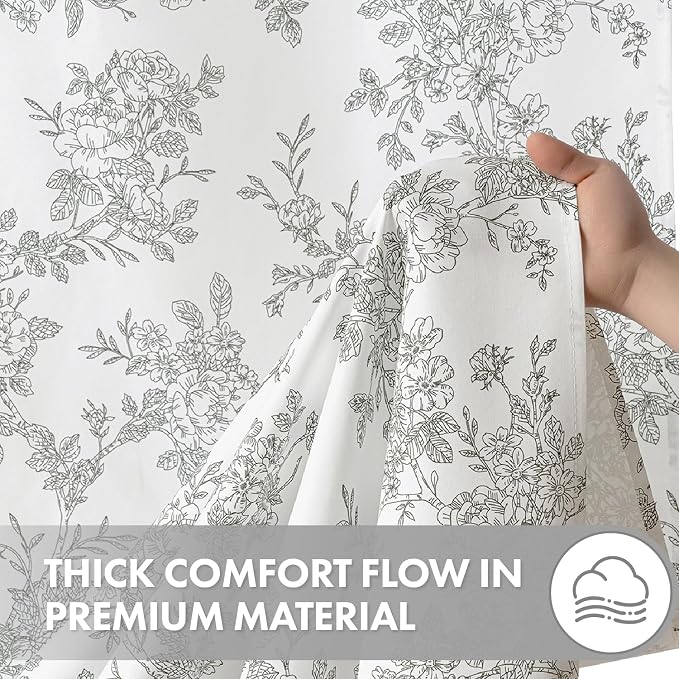 Grey Floral Shower Curtain W72*L72 Inches Long | Linen Textured Fabric, 12 Rustproof Metal Hooks, Wrinkle Resistant Cloth, Machine Washable, Bathroom Decor for Cottage Core