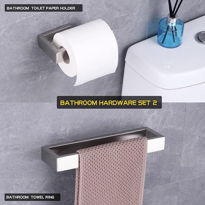 GERZWY Contemporary Stainless Steel Wall Mounted 2-Piece Bathroom Hardware Set - Towel Rings Toilet Paper Holder, Brushed Finish HG1708-2LS