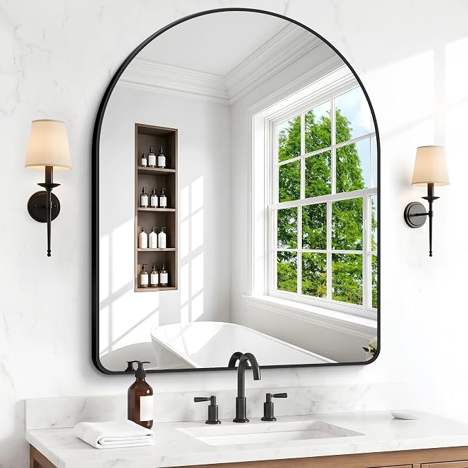 BONEWEI Arched Wall Mirror,40x48 inch Black Arched Mirror Bathroom,Large Vanity Mirror for Over Sink Metal Frame,Tempered Glass Arch Mirrors for Bedroom,Entryway,Living Room,Home Decor Shatter-Proof