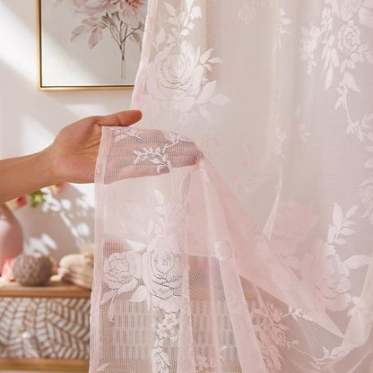 SEEKRIGHT Pink Lace Shower Curtain with Attached Valance Romantic Floral Shower Curtain Cute Scalloped Edge Lace Shabby Chic Bath Curtains for Spa Hotel Bathroom Farmhouse Decor, 1 Panel, 36x72