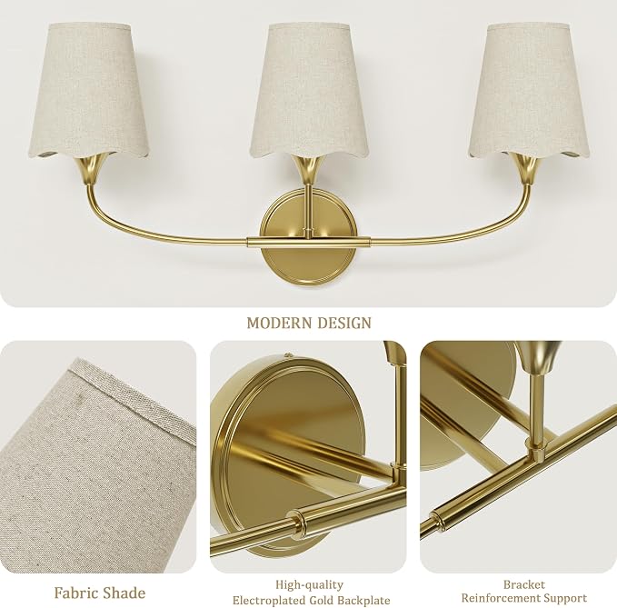 Morauroral Bathroom Light Fixtures, 3 Light Gold Vanity Light for Bathroom, Modern Sconce Wall Light with Scalloped Linen Fabric Shade, Rustic Vanity Light Fixtures for Mirror, Living Room(ETL Listed)